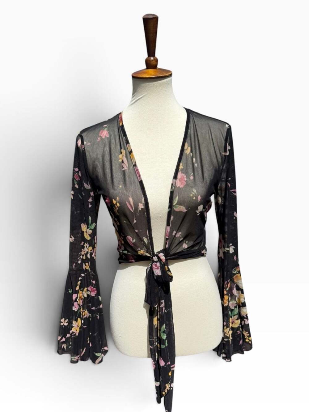 Charlotte Russe Black Floral Mesh Crop Top Tie Front Bell Sleeve Cardigan S
